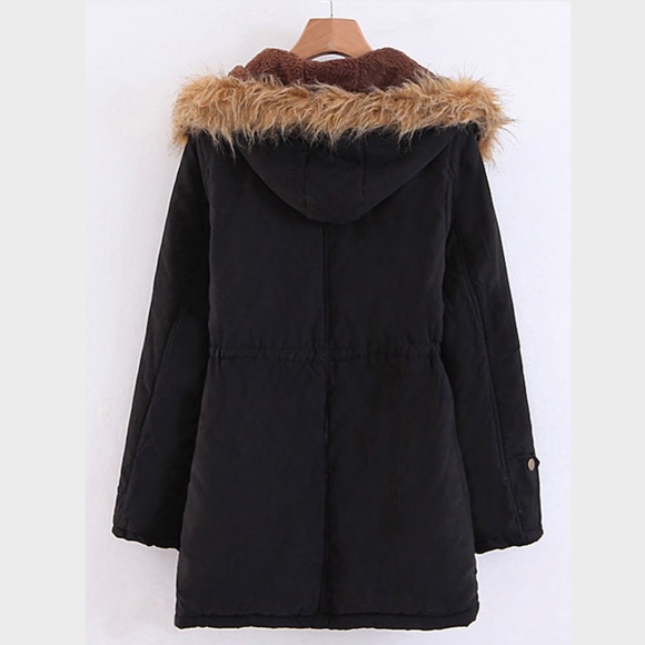 Hooded Faux Fur Drawstring Black Parka Jacket - Picture 4 of 12